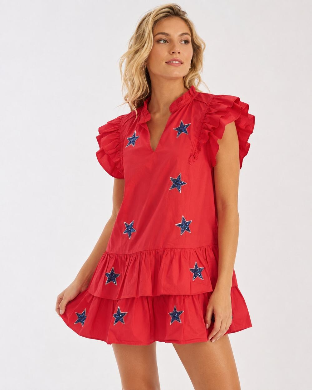Fantastic Fawn Red Sequin Star Ruffle Mini Dress Size Medium